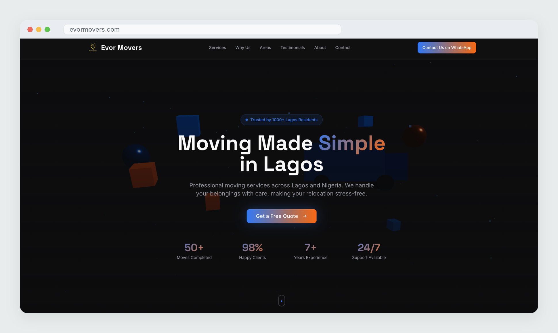 EvorMovers website homepage with the headline 'Moving Made Simple in Lagos'