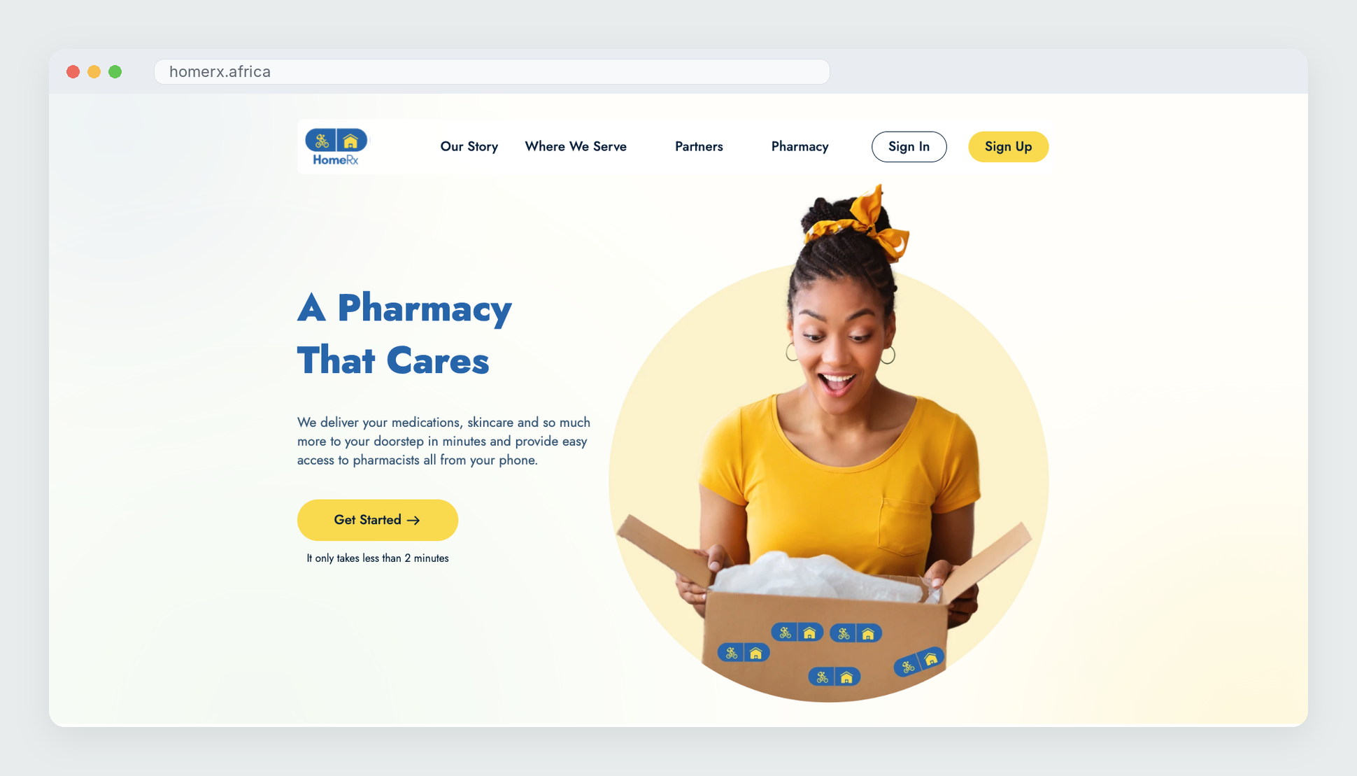 HomeRx Africa website homepage with the headline 'A Pharmacy That Cares'