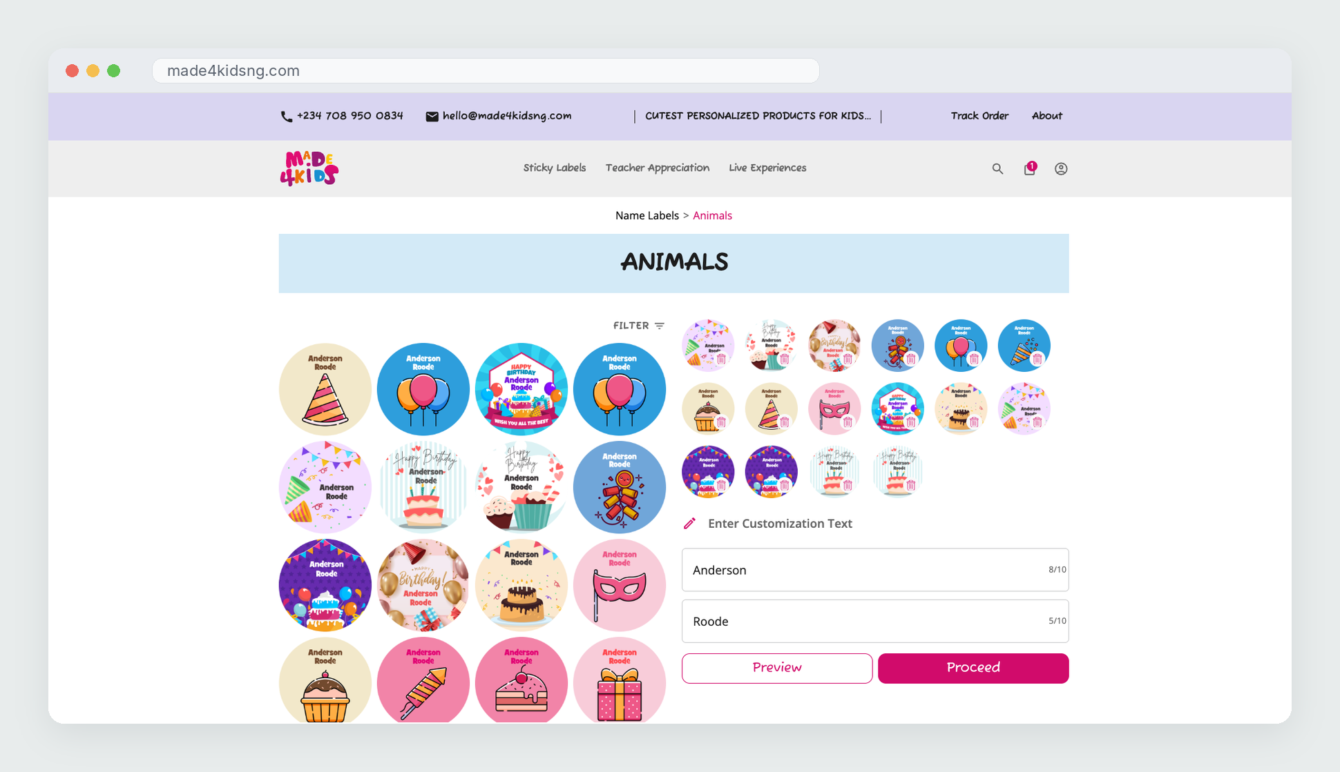 Made4KidsNG name label designer with label previews and personalisation fields